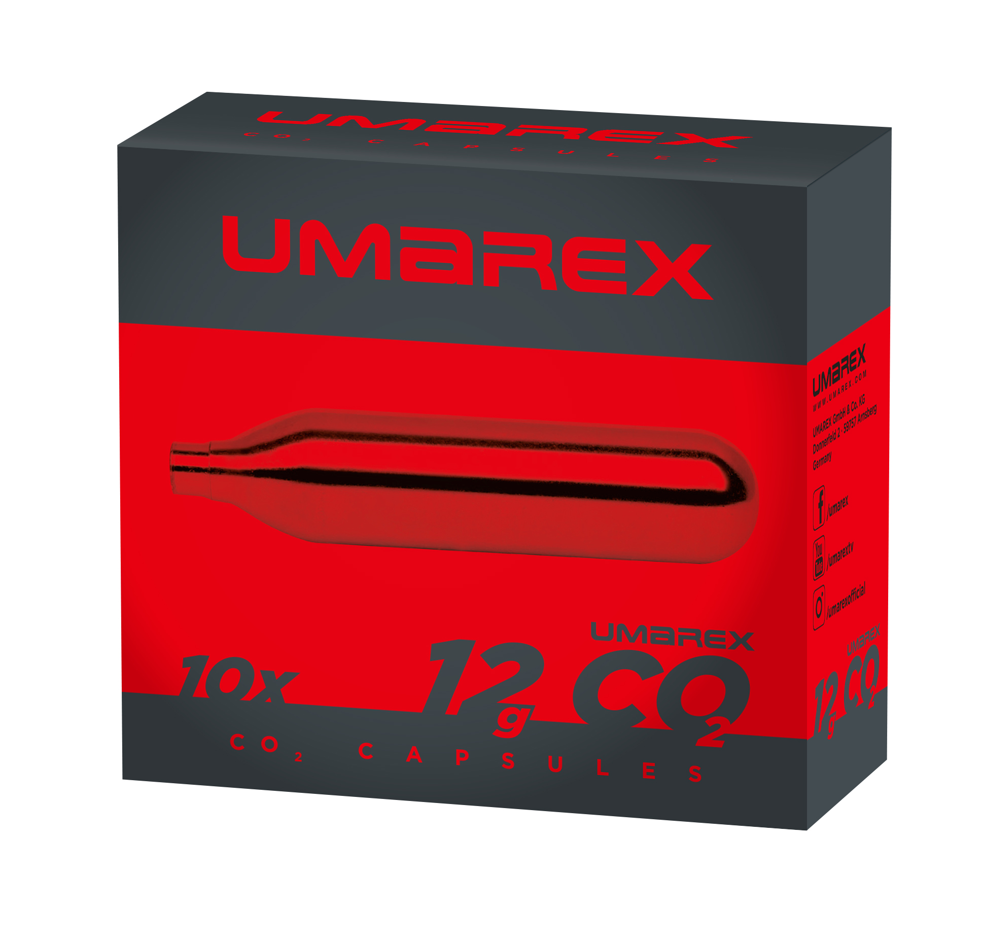 Verpackung von Umarex CO2-Kapseln im 10er Pack für CO2-betriebene Schusswaffen