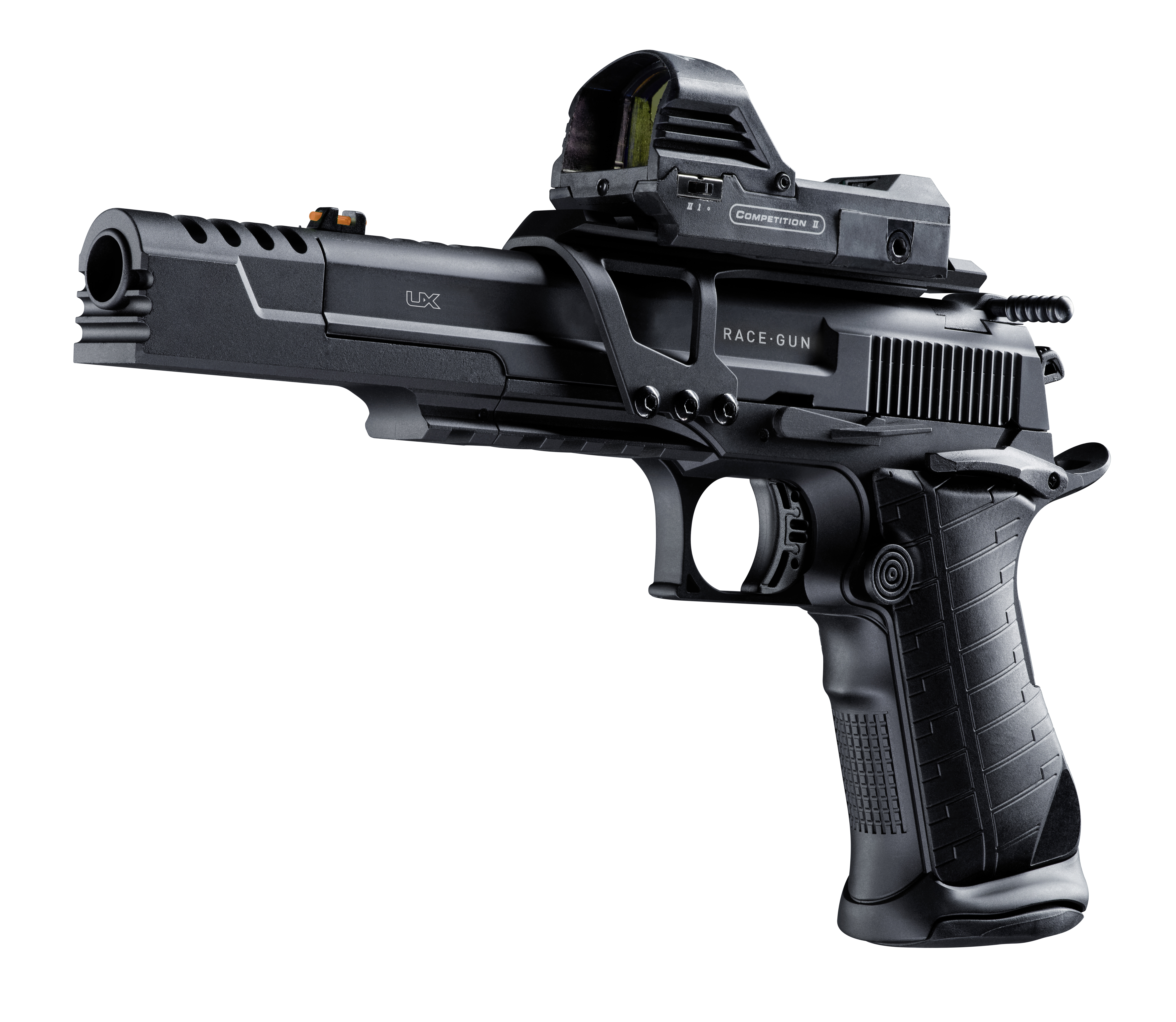 UX Racegun Set aus der linken Perspektive, inklusive Pistole und Zubehör
