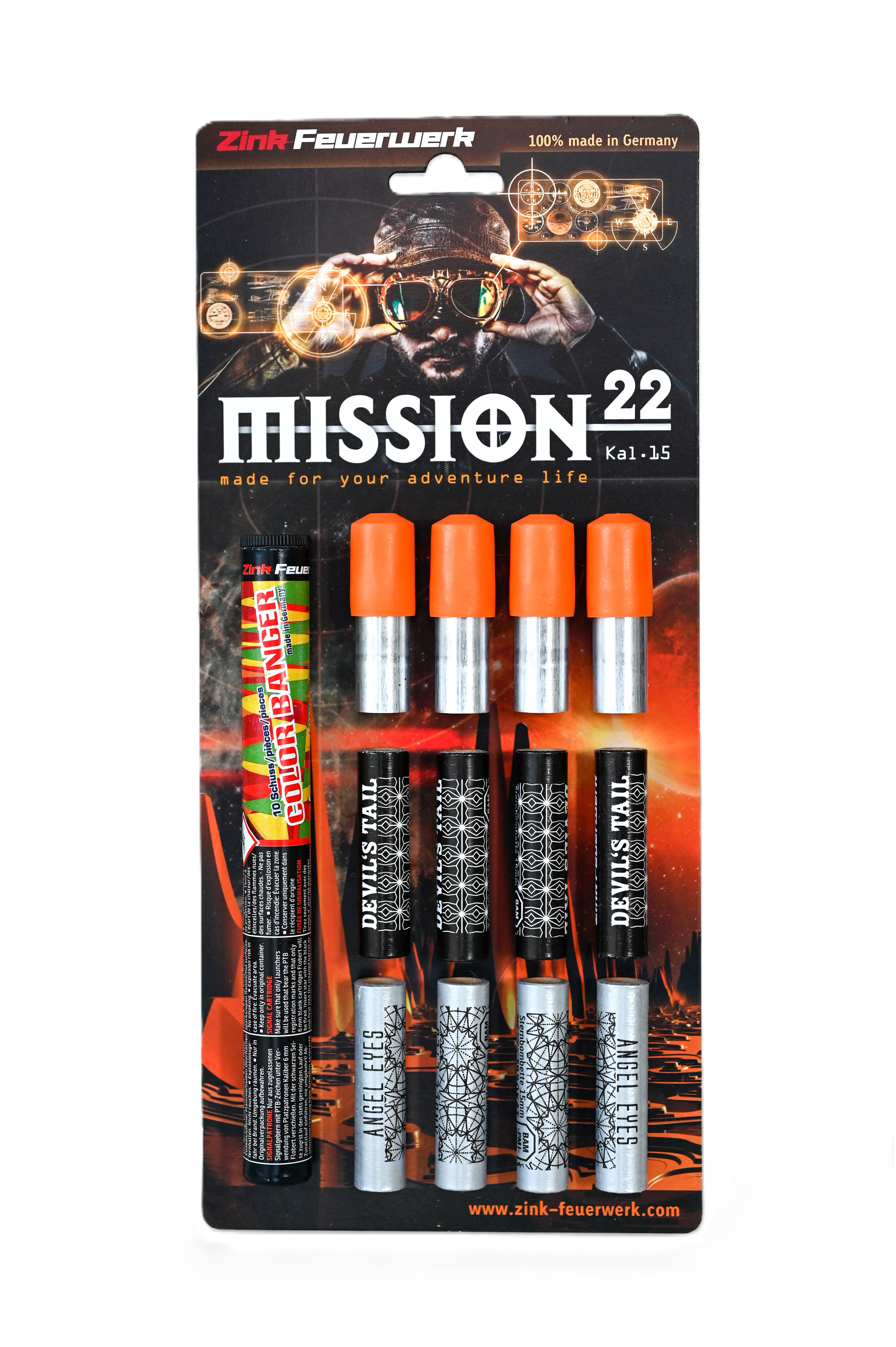 "Zink Feuerwerk 'Mission22', eine dynamische Zusammenstellung von Feuerwerkskörpern, die einen intensiven und vielfältigen Effektreichtum am Himmel erzeugen, perfekt für große Feierlichkeiten